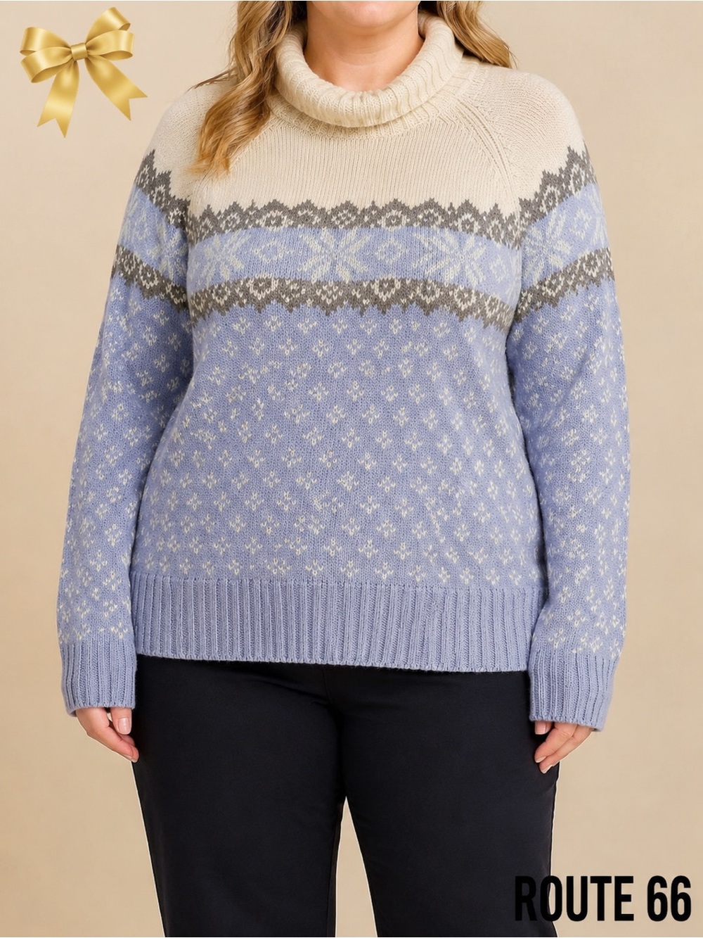 Route 66 Fair Isle Cowl Neck Sweater Light Blue White Ramie Nylon Angora XL